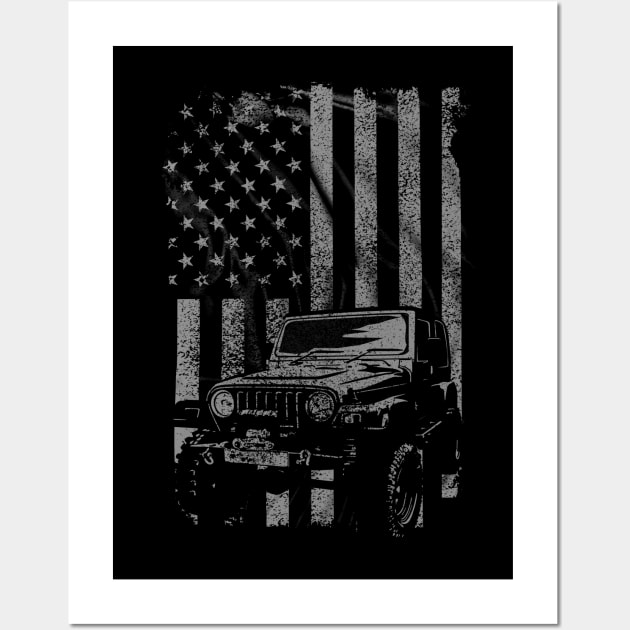 Vintage US Flag Jeeps Shirt - Jeeps Enthusiast T Shirt Wall Art by Dailygrind